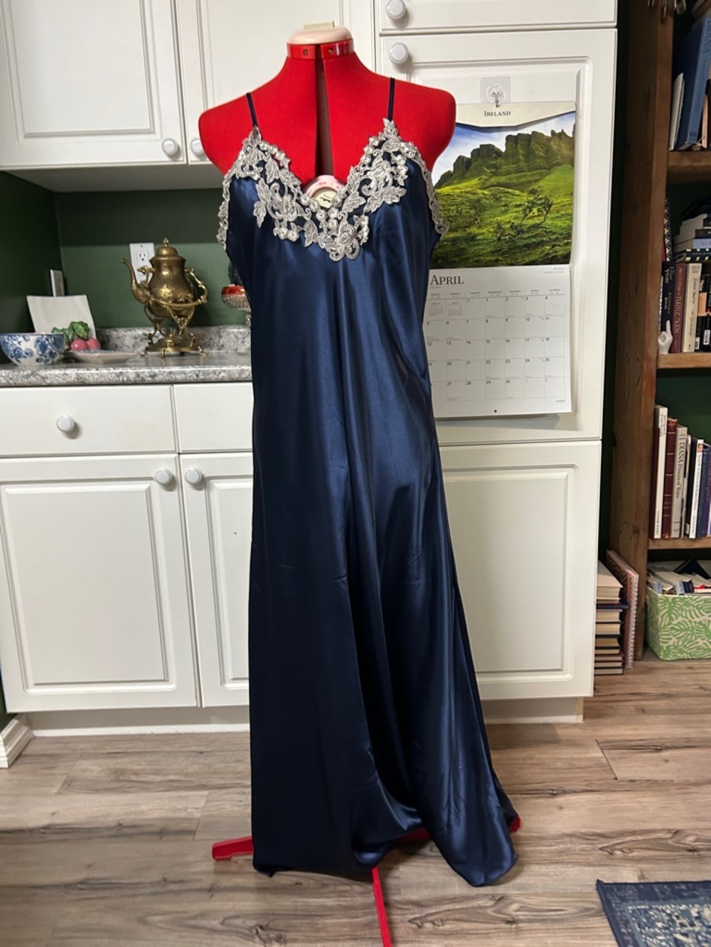 Midnight Blue Satin Lace-Trim Long Slip Chemise